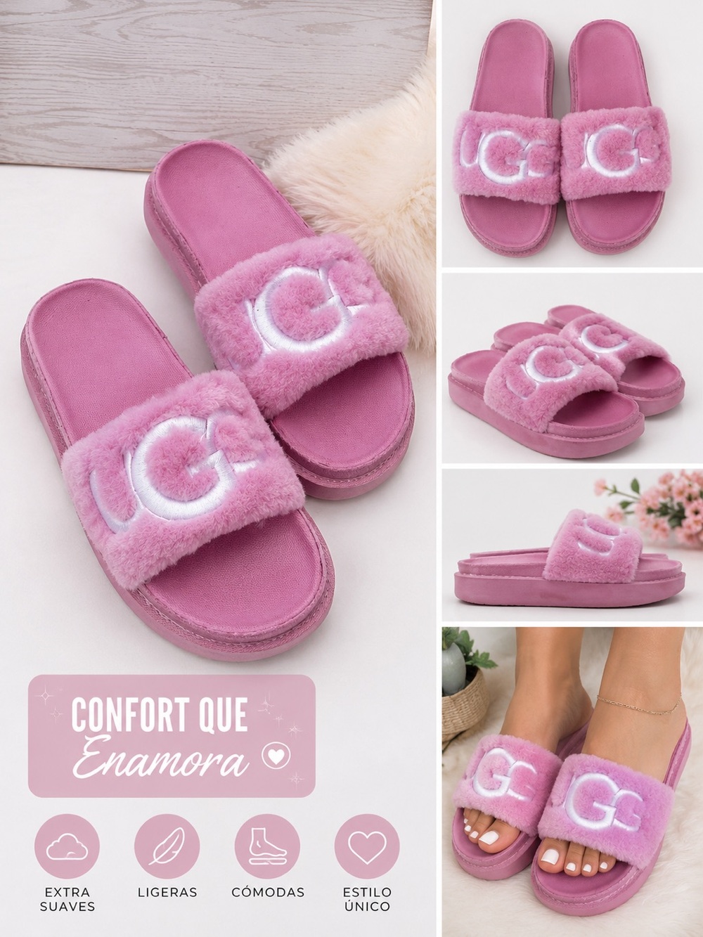 UGG Pink Plush Slide Sandals with White Logo